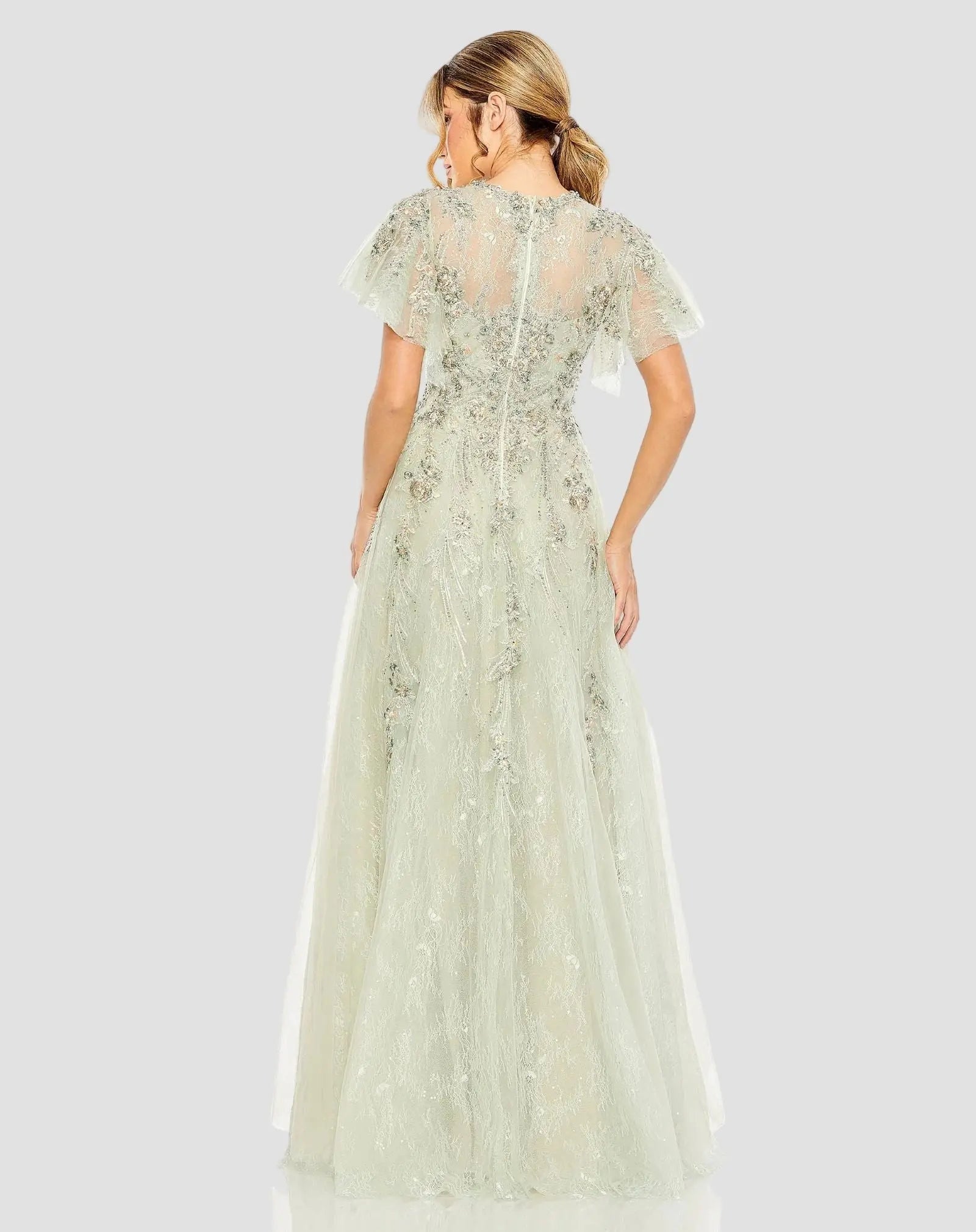 Green Embroidered Tulle Flutter Sleeve A-line Gown - Back