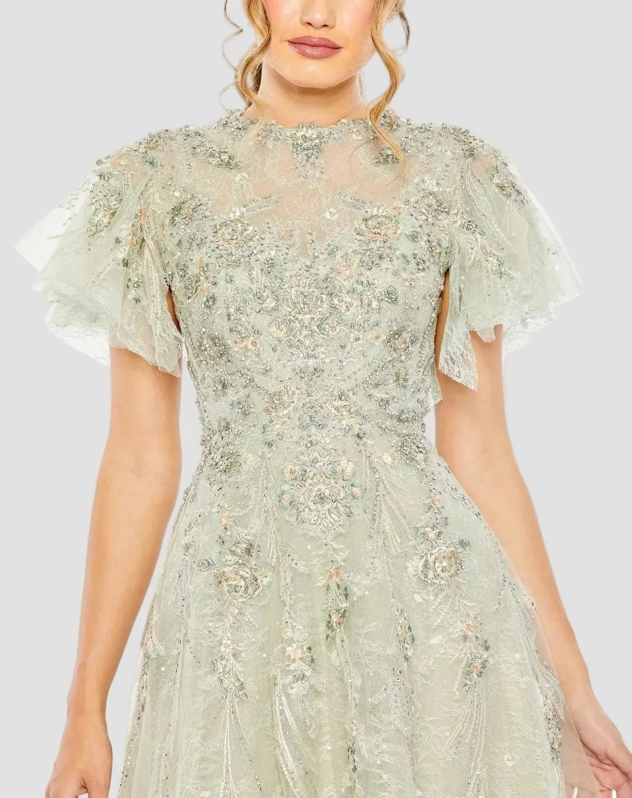 Green Embroidered Tulle Flutter Sleeve A-line Gown - Close Up