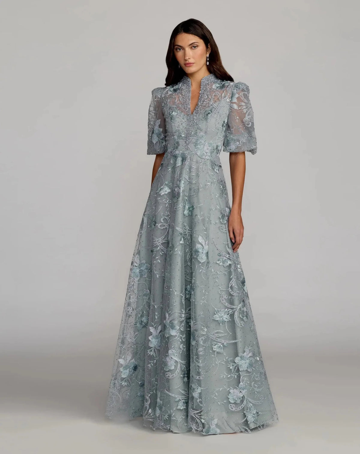 purple embellished high neck cap sleeve a line dress Light Purple Embellished Floral Cap Sleeve A Line Gown