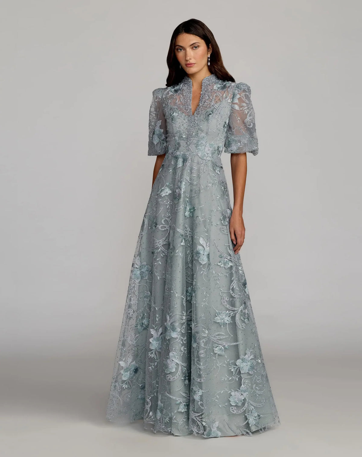 Mac Duggal #20452 Pink Queen Anne Puff Sleeve A Line Gown French Blue