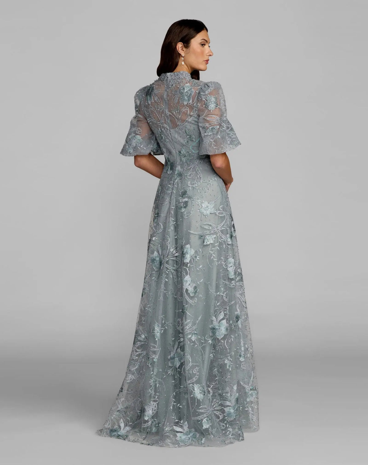 Back view of Mac Duggal #20452 Blue Queen Anne Puff Sleeve Embroidered A-Line Gown