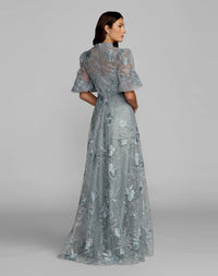 Back view of Mac Duggal #20452 Blue Queen Anne Puff Sleeve Embroidered A-Line Gown