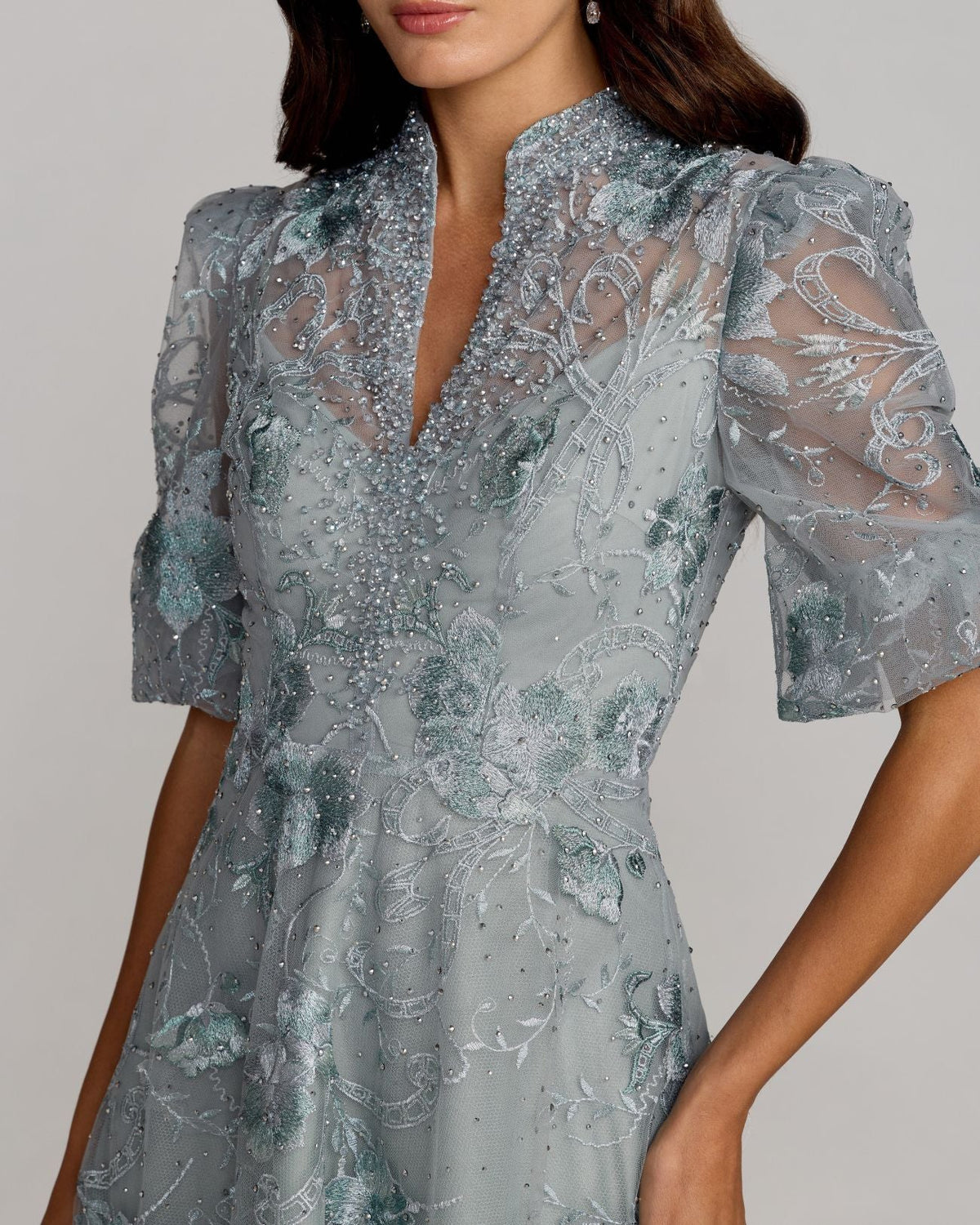 Mac Duggal #20452 Blue Queen Anne Puff Sleeve Embroidered A-Line Gown close up