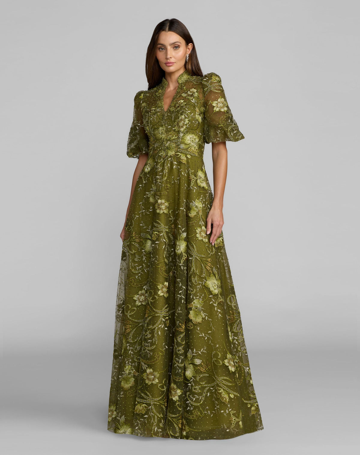 Mac Duggal #20452 Queen Anne Puff Sleeve Embroidered A-Line Gown Olive