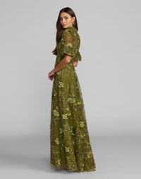 Queen Anne Puff Sleeve Embroidered A-Line Gown - Olive