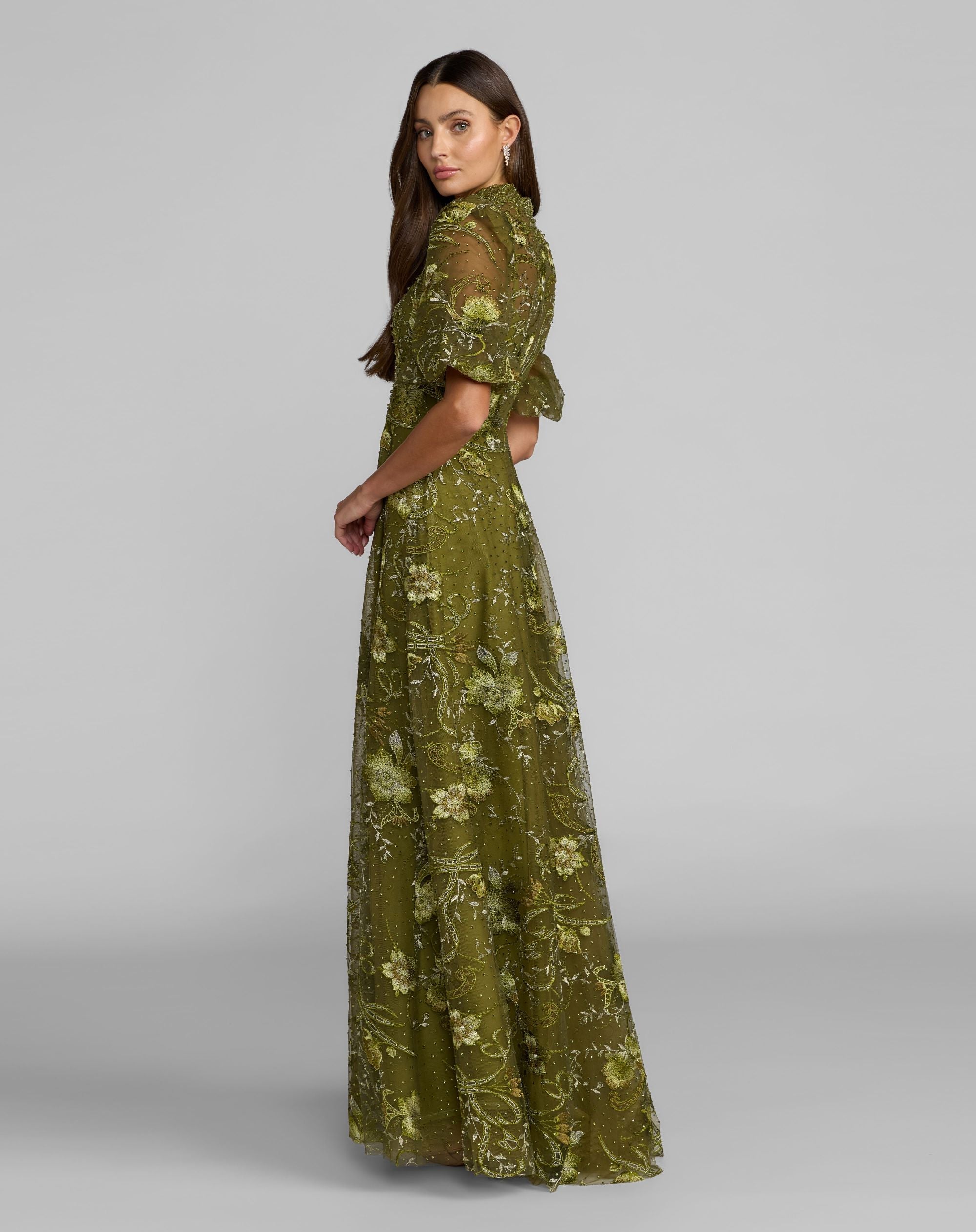 Queen Anne Puff Sleeve Embroidered A-Line Gown - Olive
