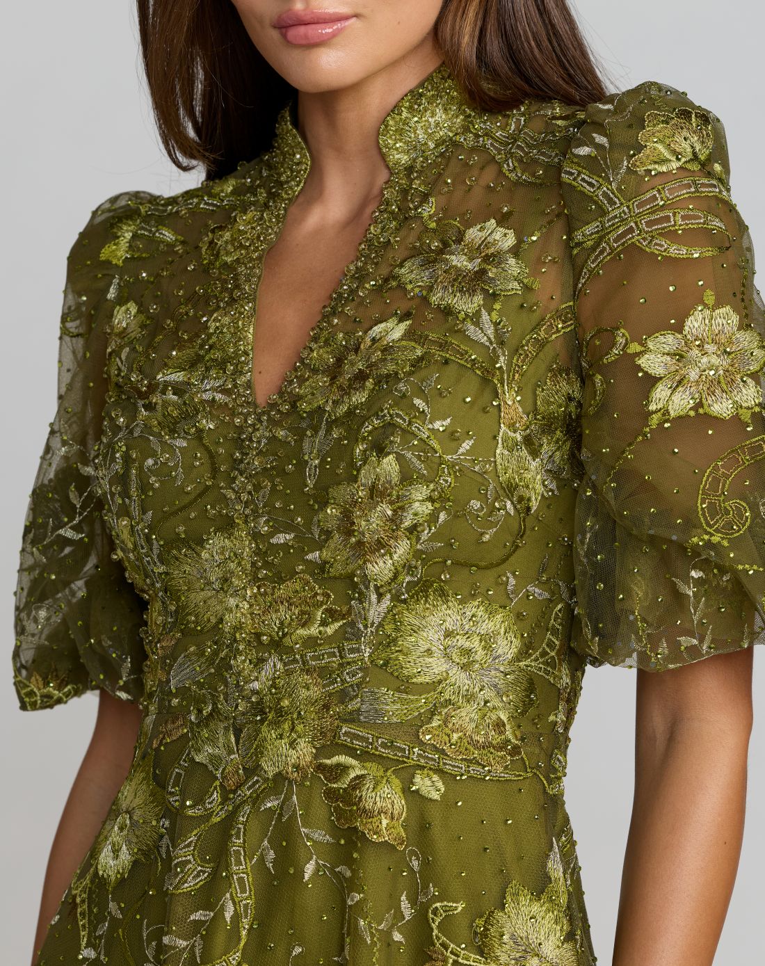 Queen Anne Puff Sleeve Embroidered A-Line Gown - Olive