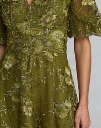 Queen Anne Puff Sleeve Embroidered A-Line Gown - Olive