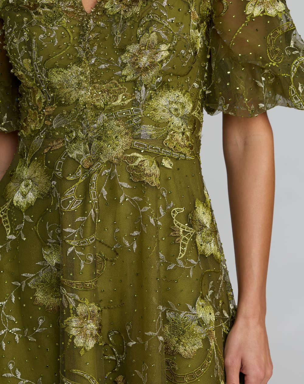 Queen Anne Puff Sleeve Embroidered A-Line Gown - Olive