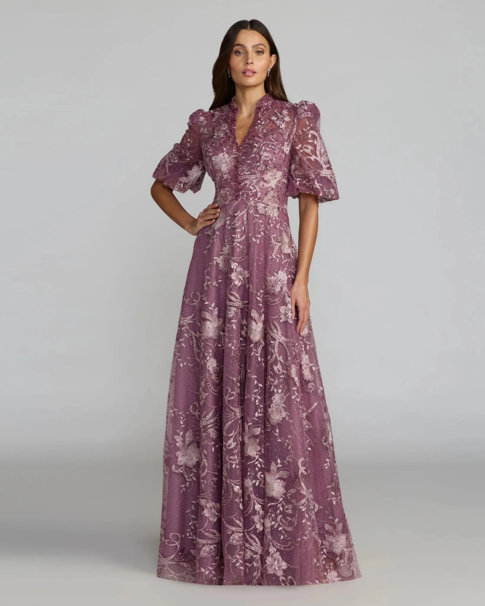 Mac Duggal #20452 Pink Queen Anne Puff Sleeve A Line Gown - Blush