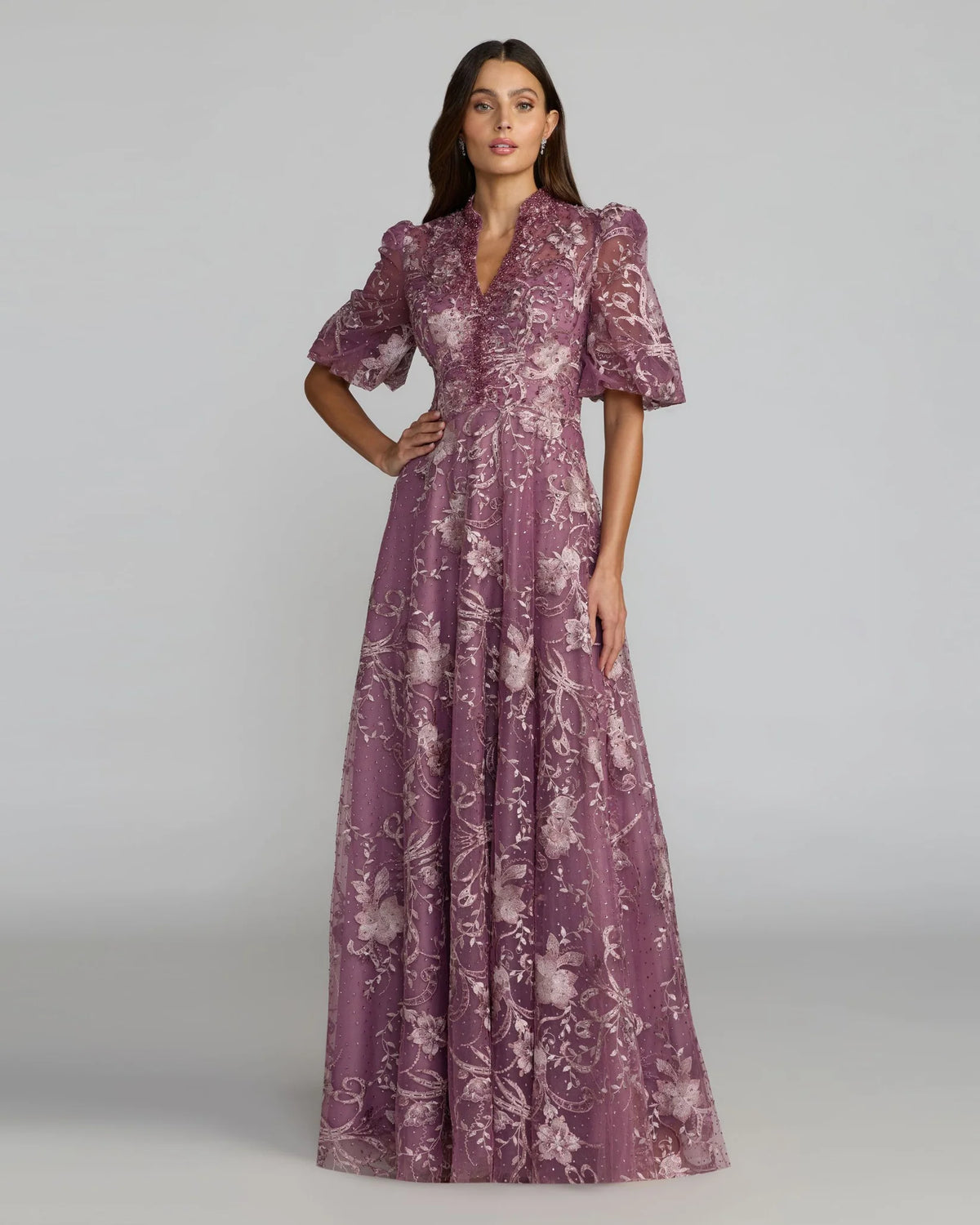 Mac Duggal #20452 Pink Queen Anne Puff Sleeve A Line Gown Wisteria