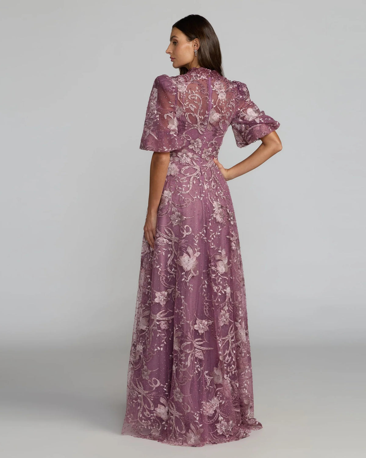 Back view of Mac Duggal #20452 Purple Queen Anne Puff Sleeve Embroidered A-Line Gown Wisteria