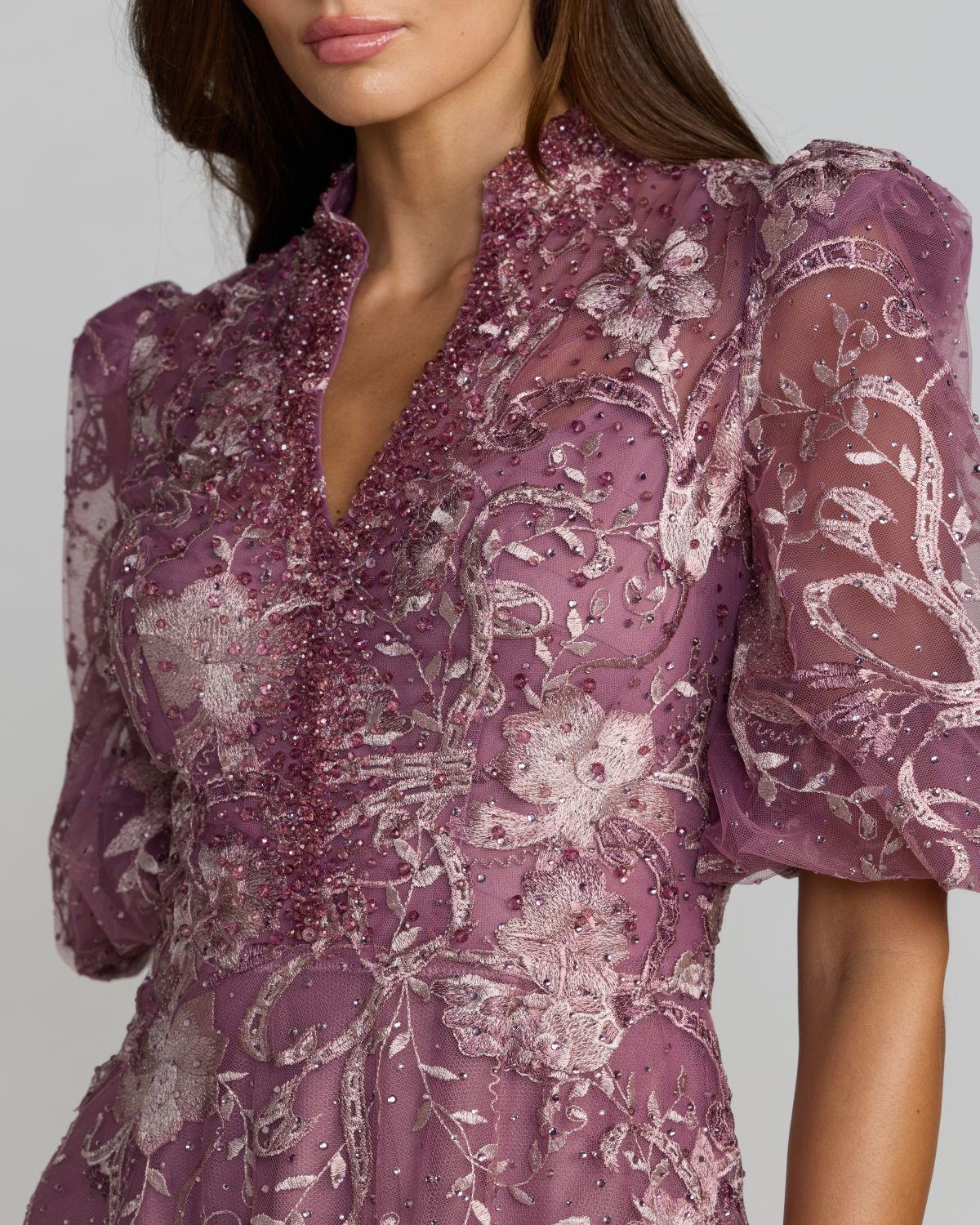 Close up view of Mac Duggal #20452 Purple Queen Anne Puff Sleeve Embroidered A-Line Gown Wisteria