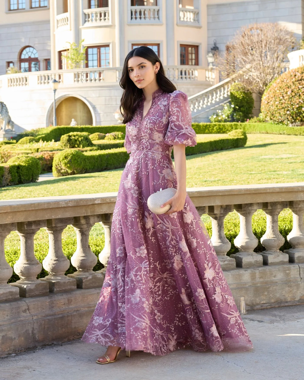 side view of Mac Duggal #20452 Purple Queen Anne Puff Sleeve Embroidered A-Line Gown Wisteria