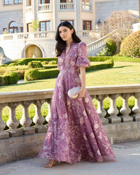 side view of Mac Duggal #20452 Purple Queen Anne Puff Sleeve Embroidered A-Line Gown Wisteria