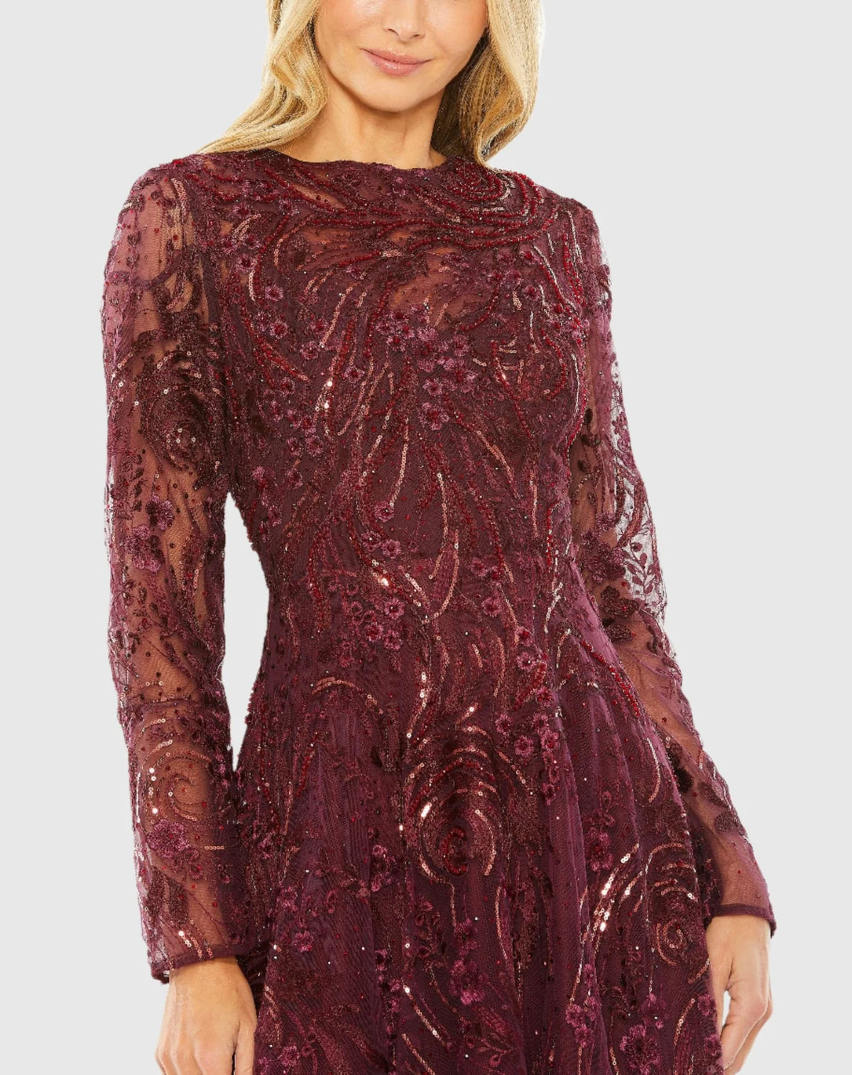 Embellished high neck long sleeve embellished A-line gown - Wine