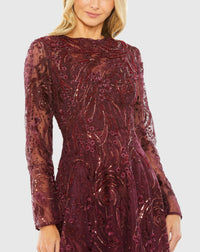 Embellished high neck long sleeve embellished A-line gown - Wine