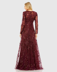 Embellished high neck long sleeve embellished A-line gown - Wine