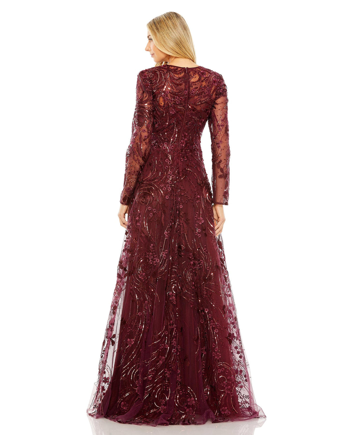Mac Duggal Style #20479 Embellished high neck long sleeve embellished A-line gown - Wine back view