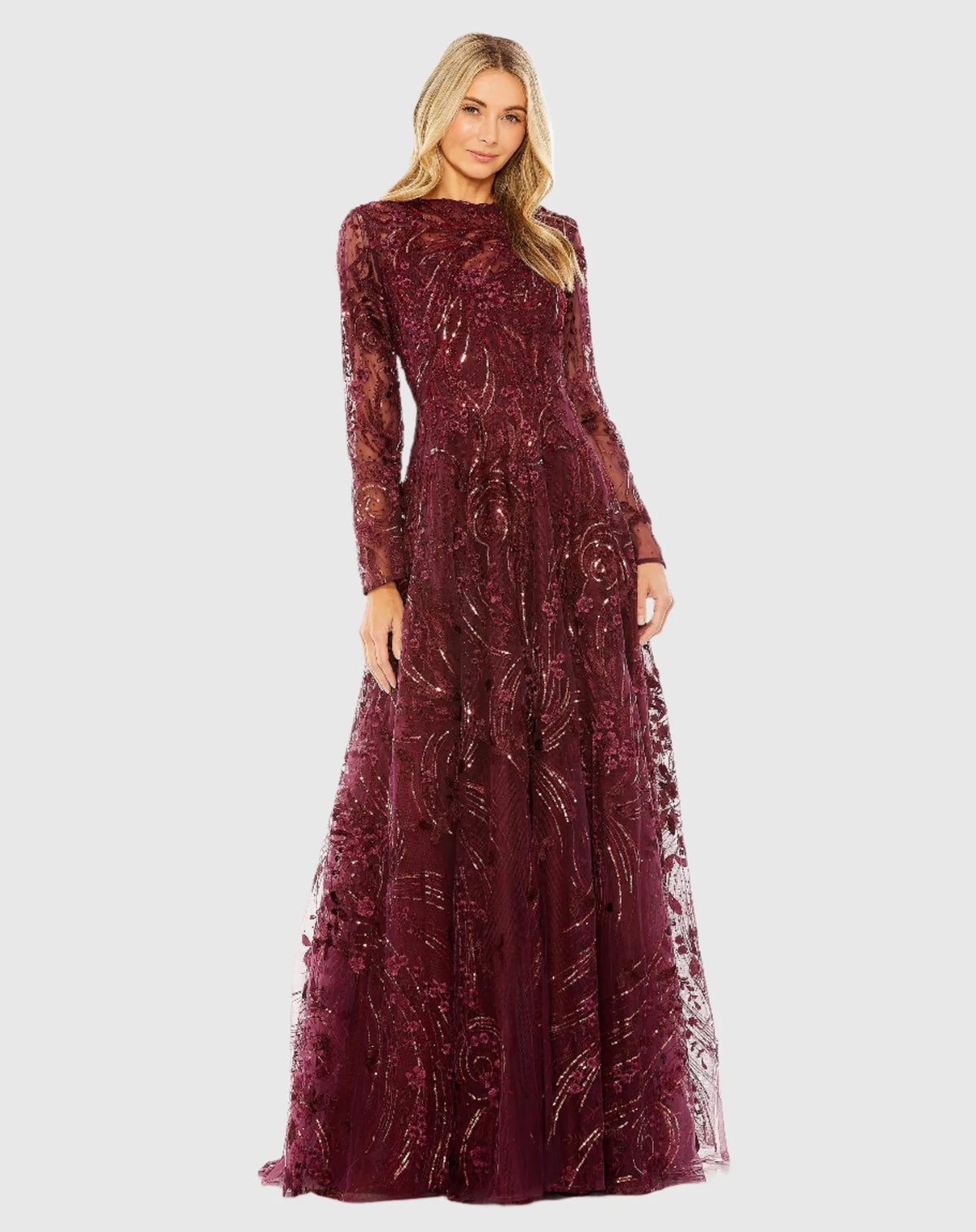 Mac Duggal #20479 High Neck Long Sleeve Embellished A Line Gown, Wine