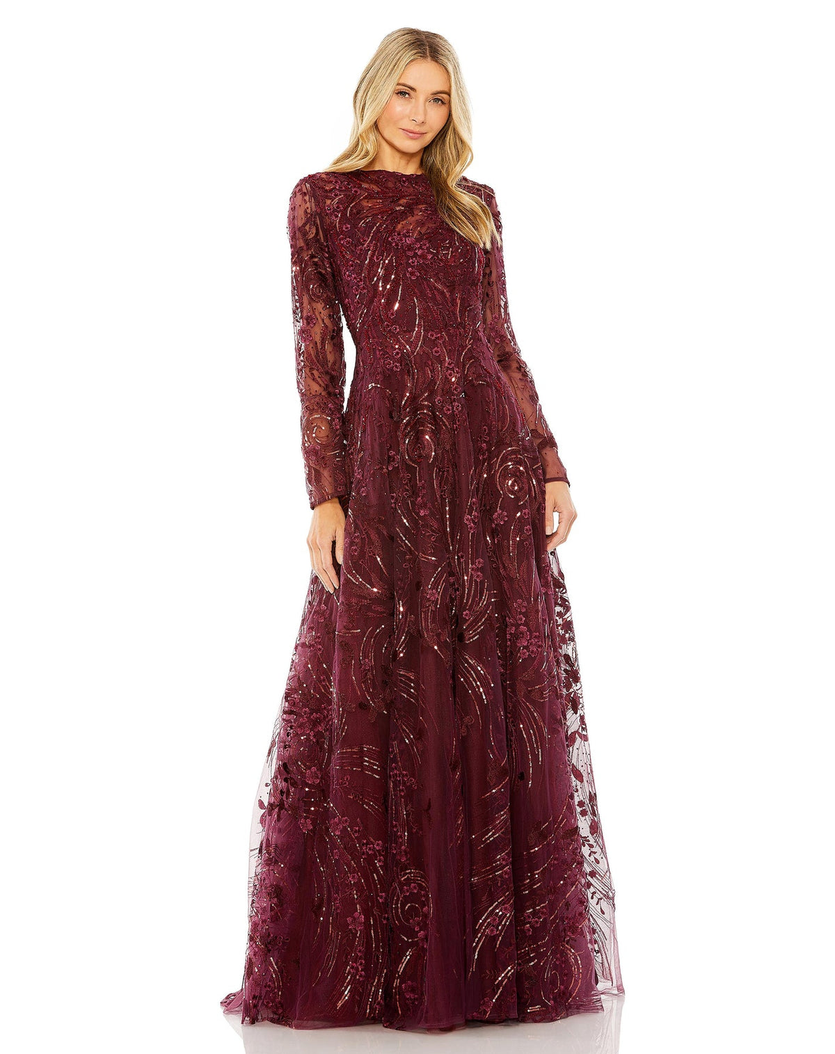 Mac Duggal Style #20479 Embellished high neck long sleeve embellished A-line gown - Wine