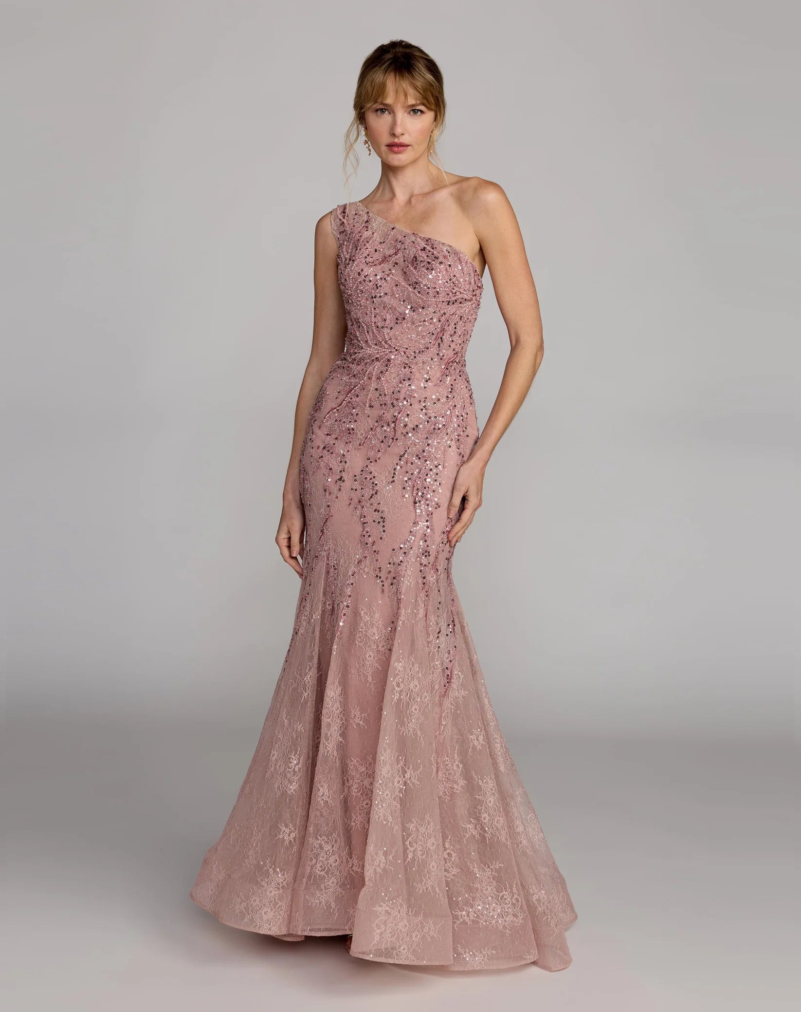 Mac Duggal Pink Embellished Lace One Shoulder Mermaid Gown #20482 Rose