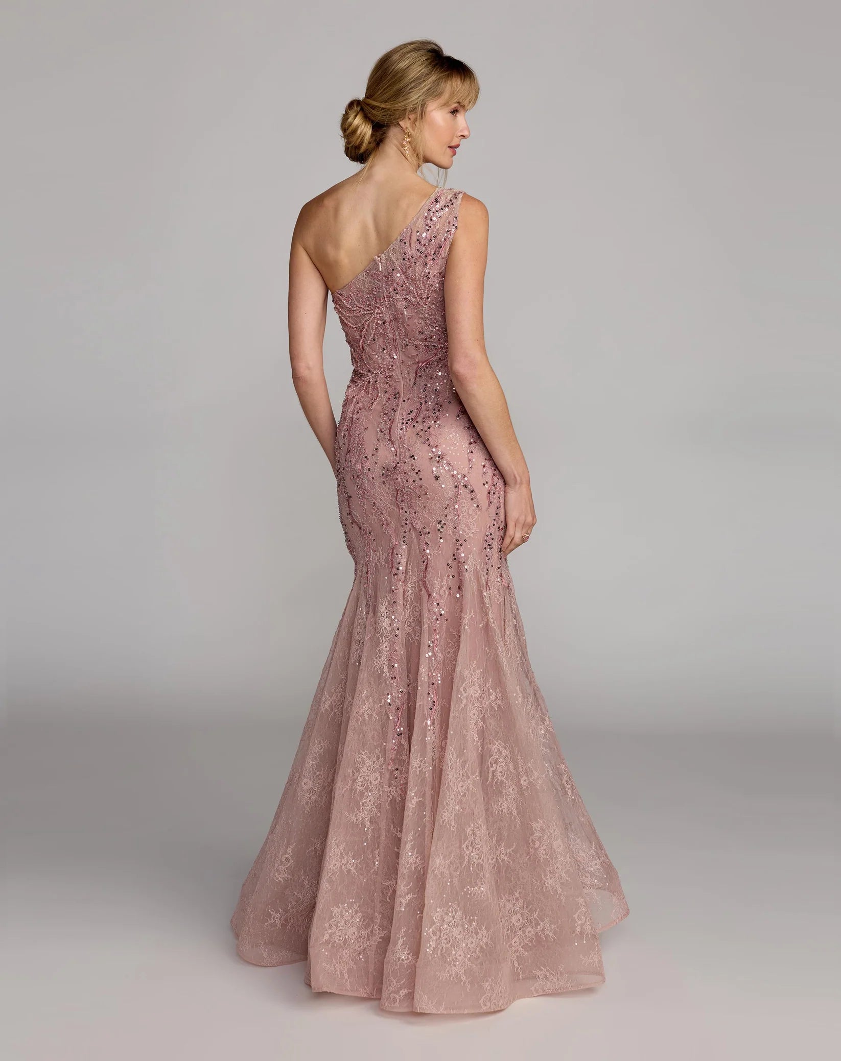 Mac Duggal Pink Embellished Lace One Shoulder Mermaid Gown #20482 Rose