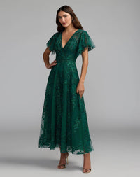 Emerald Green embroidered V-neck flutter sleeve A-line dress