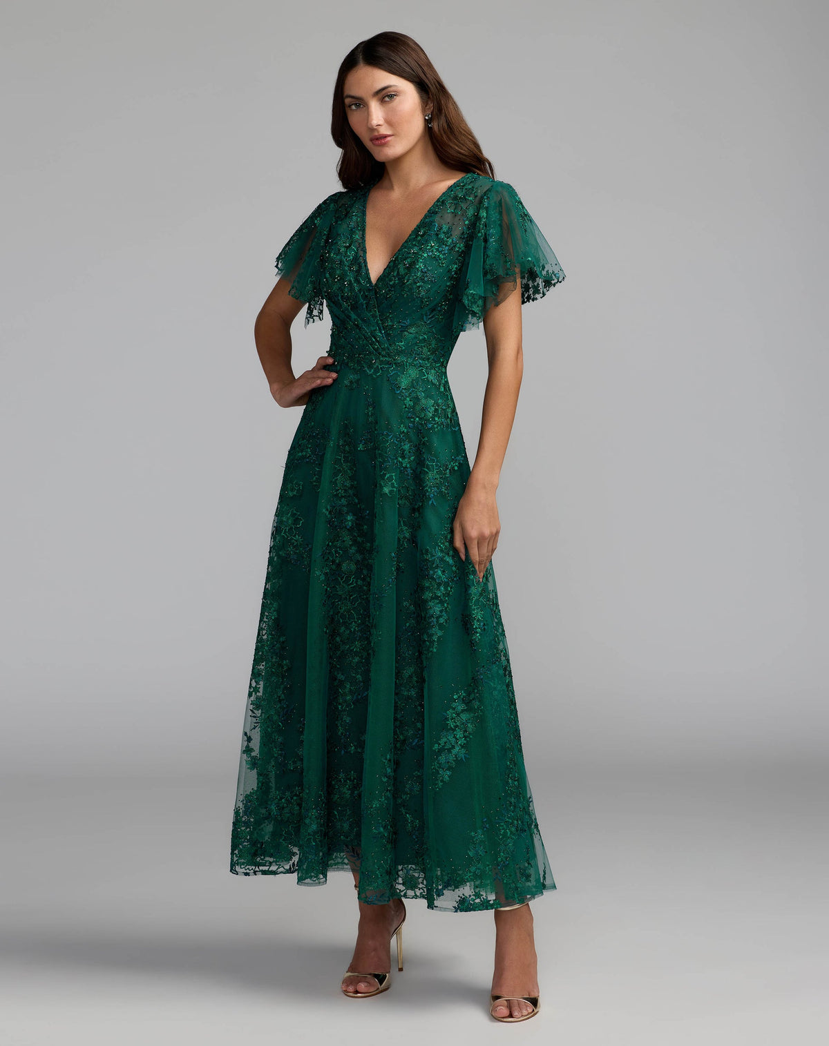 Mac Duggal Emerald Green Embroidered Flutter Sleeve A-Line Dress #20486 