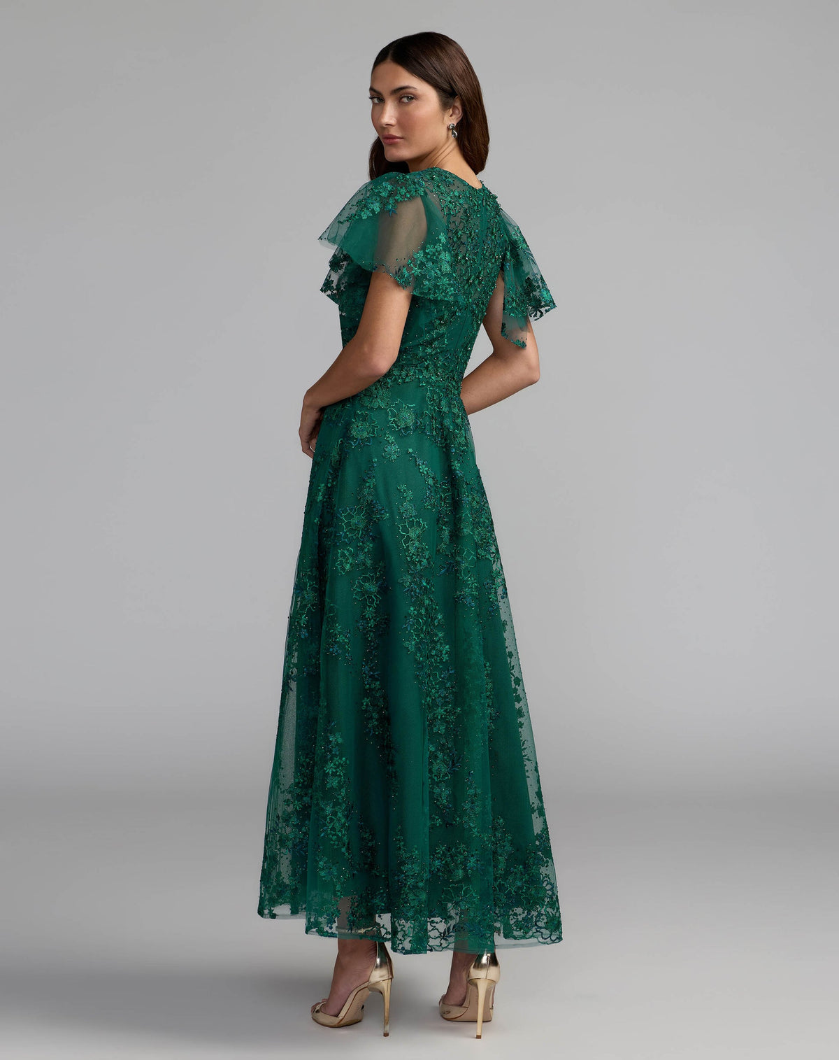 Green embroidered V-neck flutter sleeve A-line dress