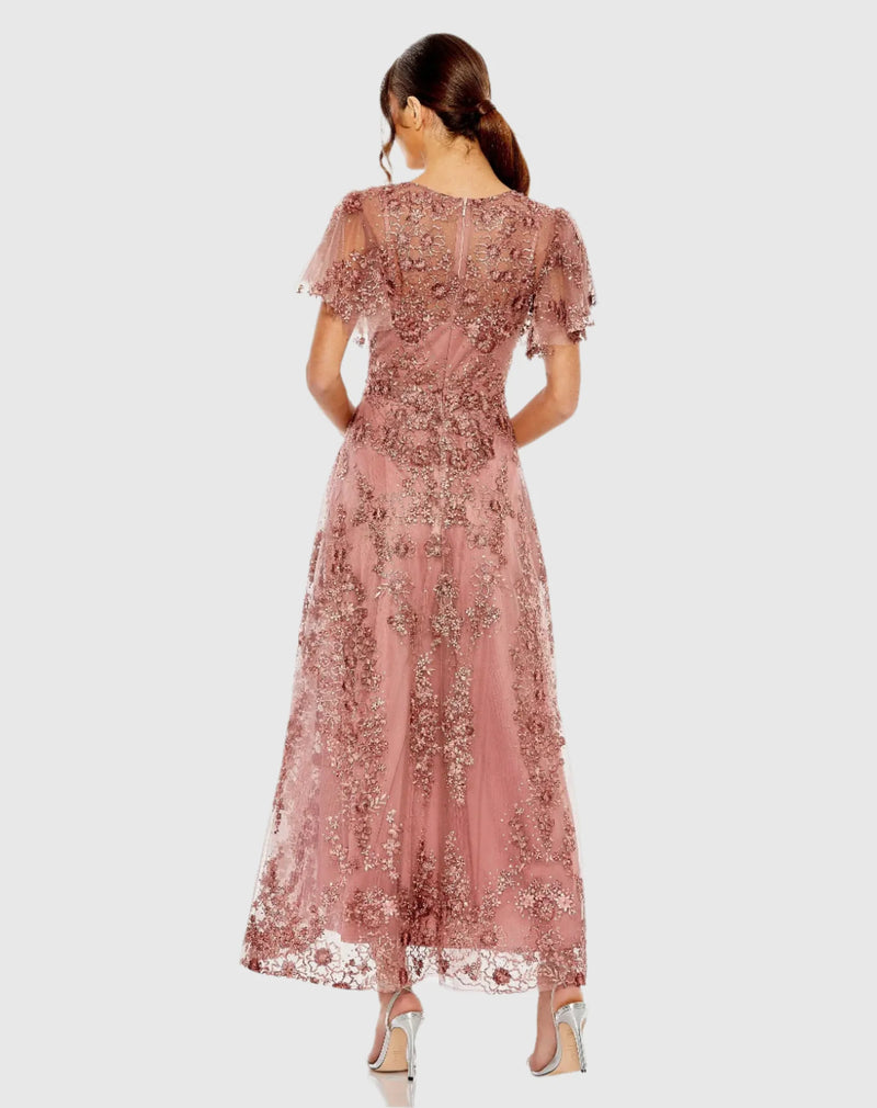 Embroidered Flutter Sleeve A-Line Dress - Pink