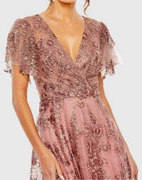 Embroidered Flutter Sleeve A-Line Dress - Pink
