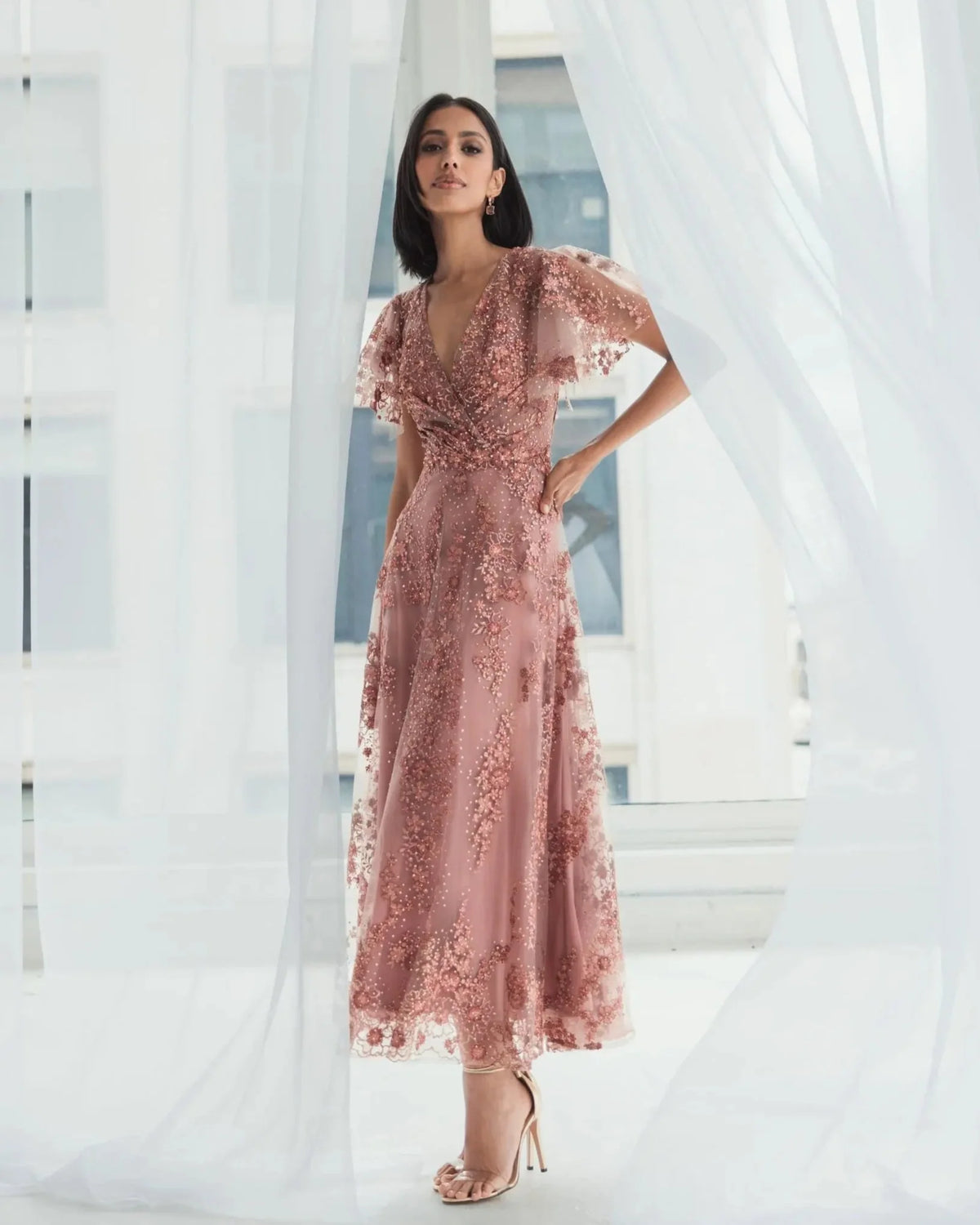 Embroidered Flutter Sleeve A-Line Dress - Pink