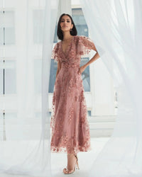 Embroidered Flutter Sleeve A-Line Dress - Pink