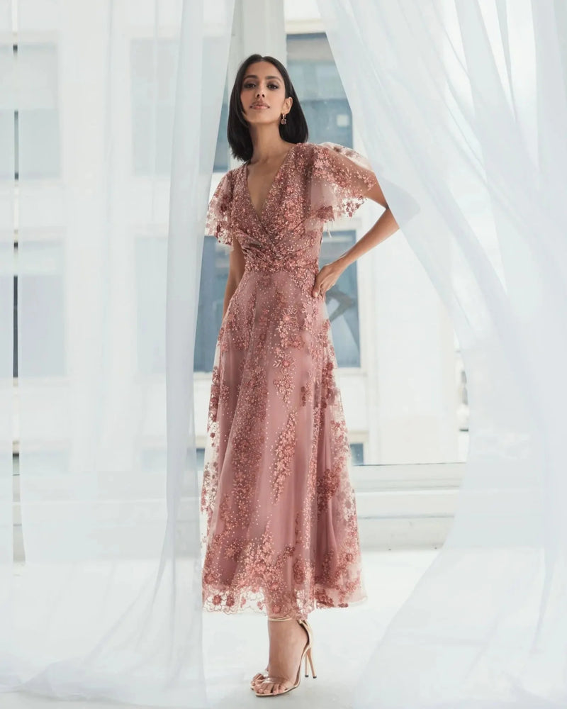 Embroidered Flutter Sleeve A-Line Dress - Pink