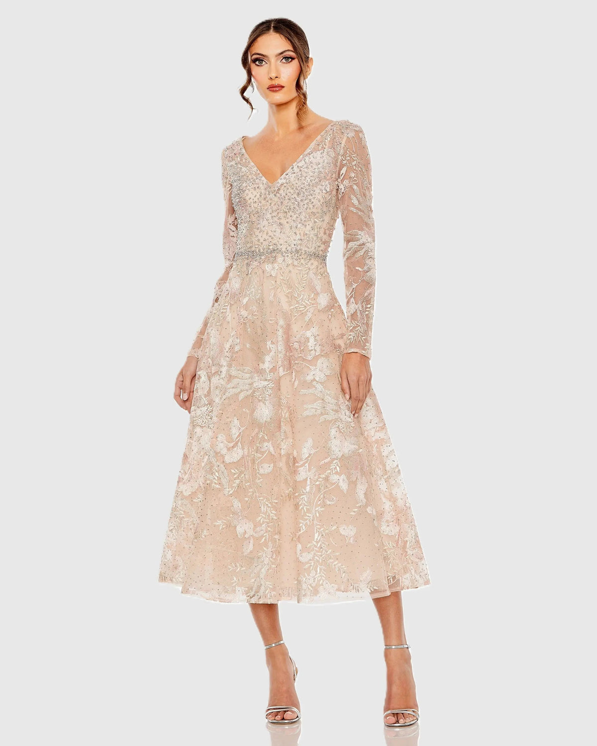 Mac Duggal 20489 Blush embroidered long sleeve midi dress - Front