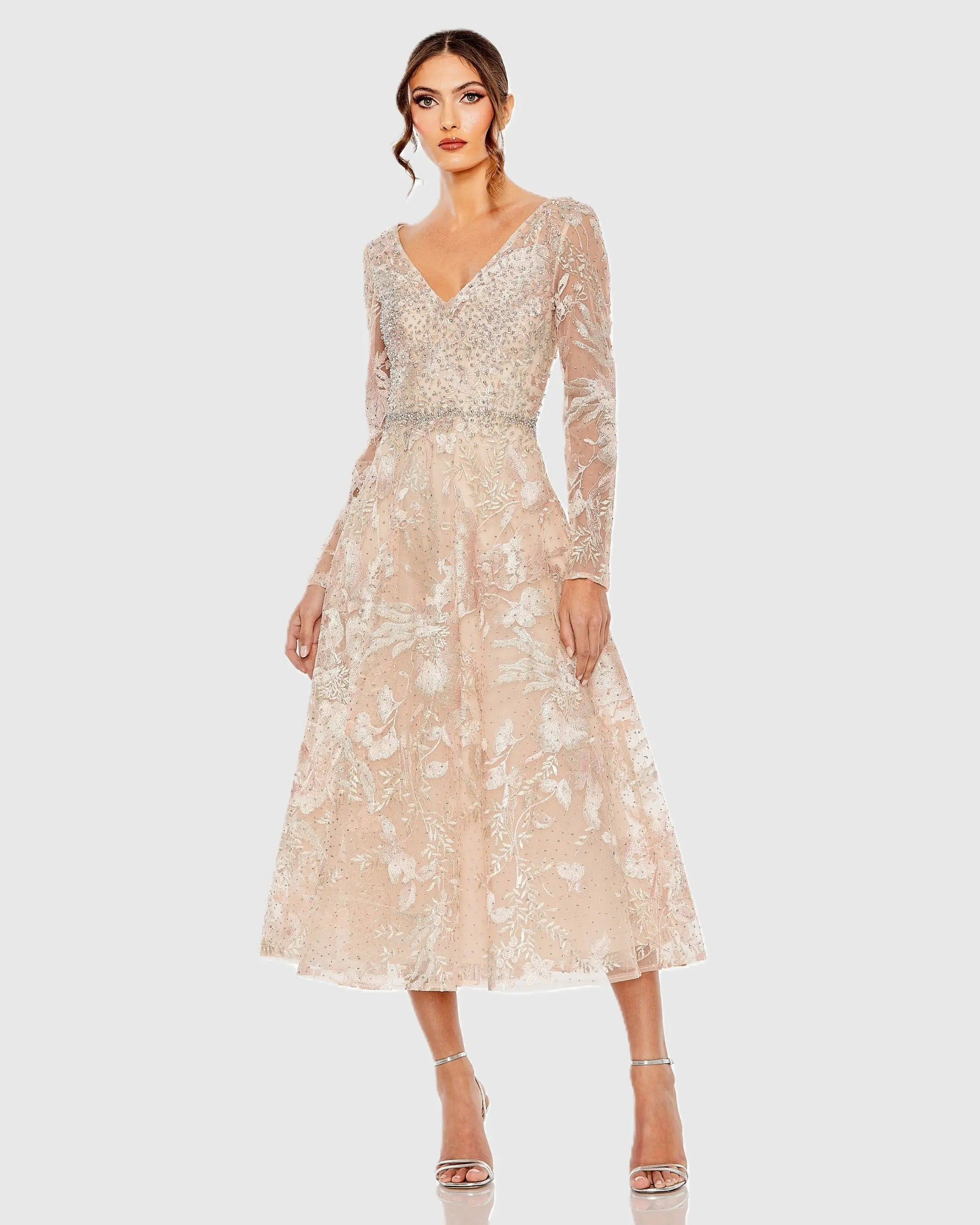 Mac Duggal 20489 Blush embroidered long sleeve midi dress - Front