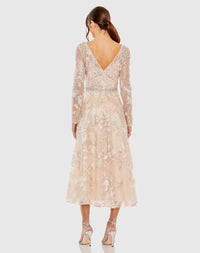 Mac Duggal 20489 Blush embroidered long sleeve midi dress - Back view
