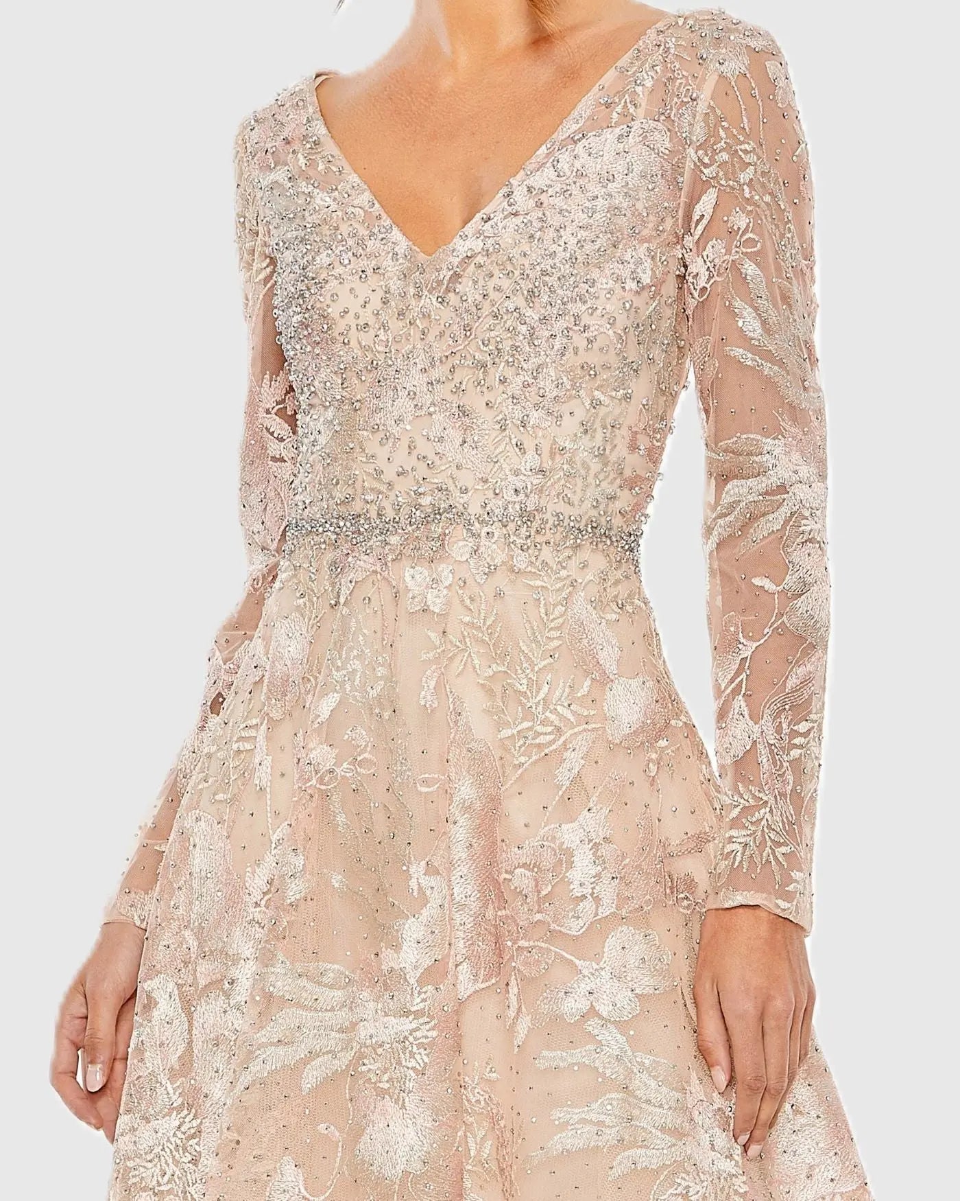Mac Duggal 20489 Blush embroidered long sleeve midi dress - Close up detail