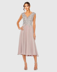 Mac Duggal 20492 Vintage Lilac embroidered chiffon A line midi dress - front
