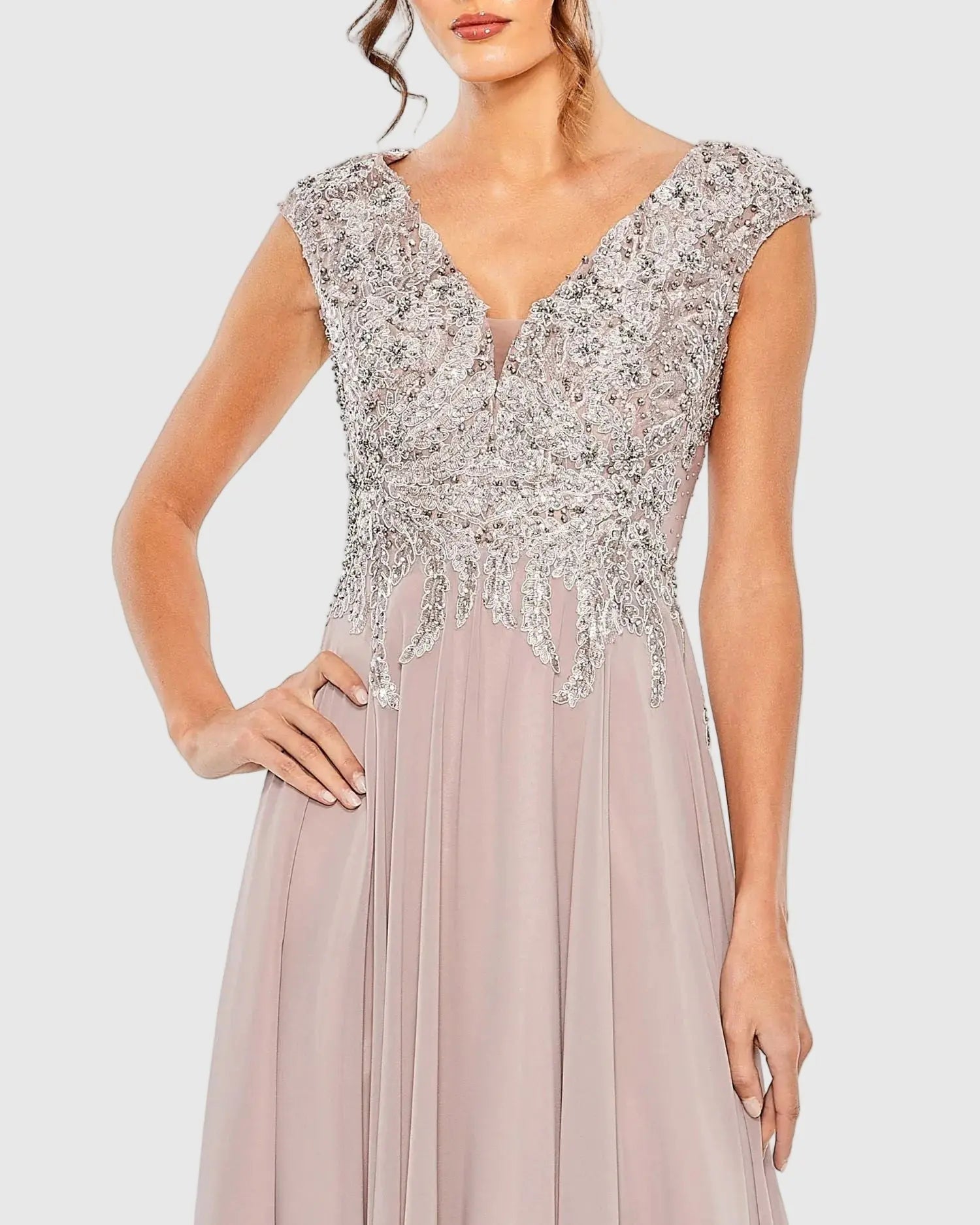 Mac Duggal 20492 Vintage Lilac embroidered chiffon A line midi dress - detail