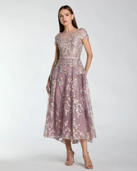 Mac Duggal #20502 Embroidered Cap Sleeve High Neck Midi Vintage Lilac