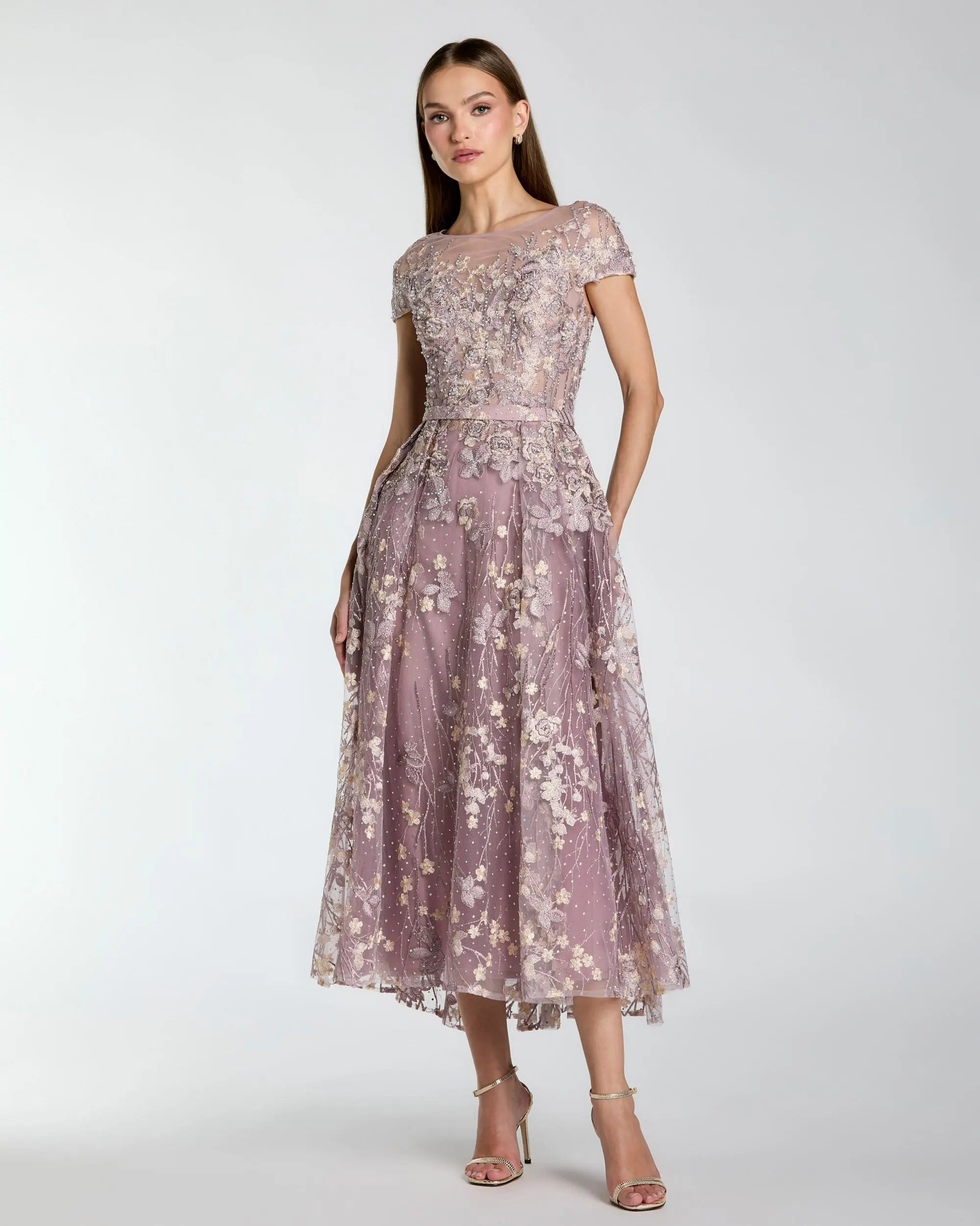 Mac Duggal #20502 Embroidered Cap Sleeve High Neck Midi Vintage Lilac