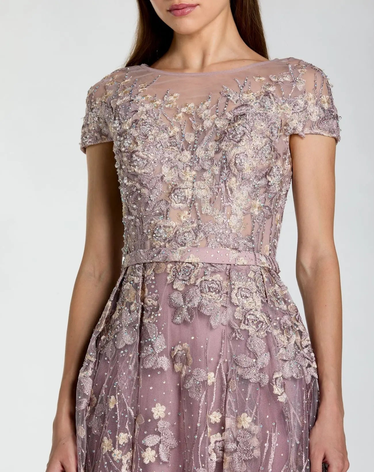 Embroidered Cap Sleeve High Neck Midi Dress - Vintage Lilac