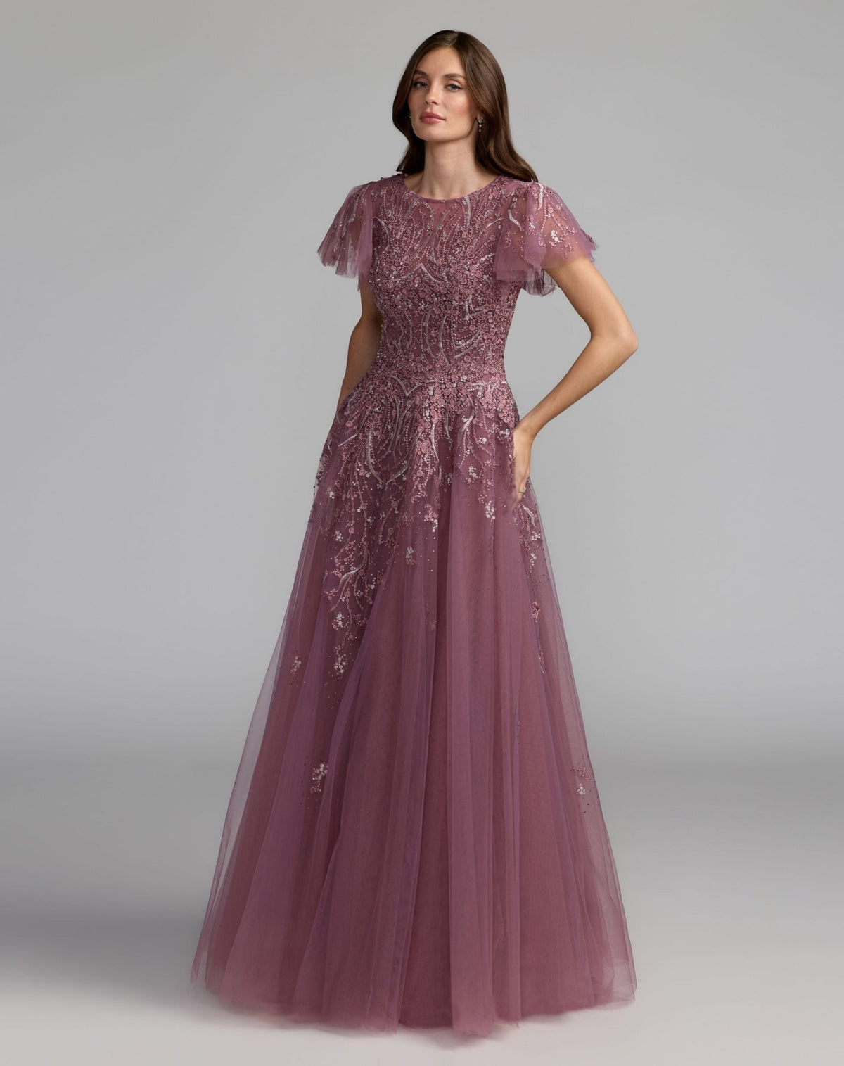 Embroidered Tulle Flutter Sleeve Formal Gown