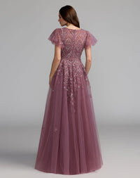 Embroidered Tulle Flutter Sleeve Formal Gown