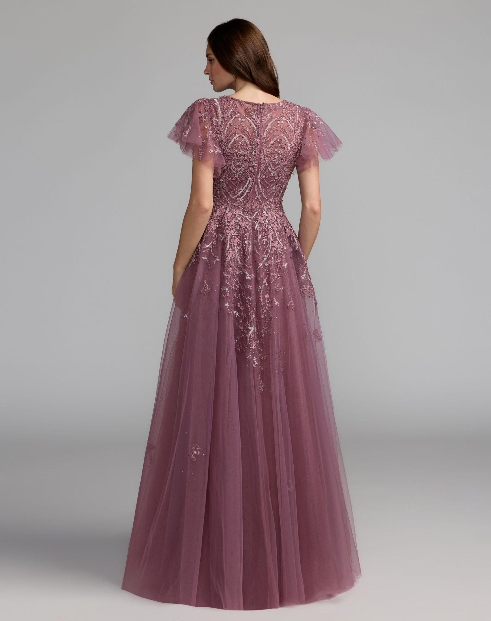Embroidered Tulle Flutter Sleeve Formal Gown