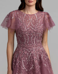 Embroidered Tulle Flutter Sleeve Formal Gown
