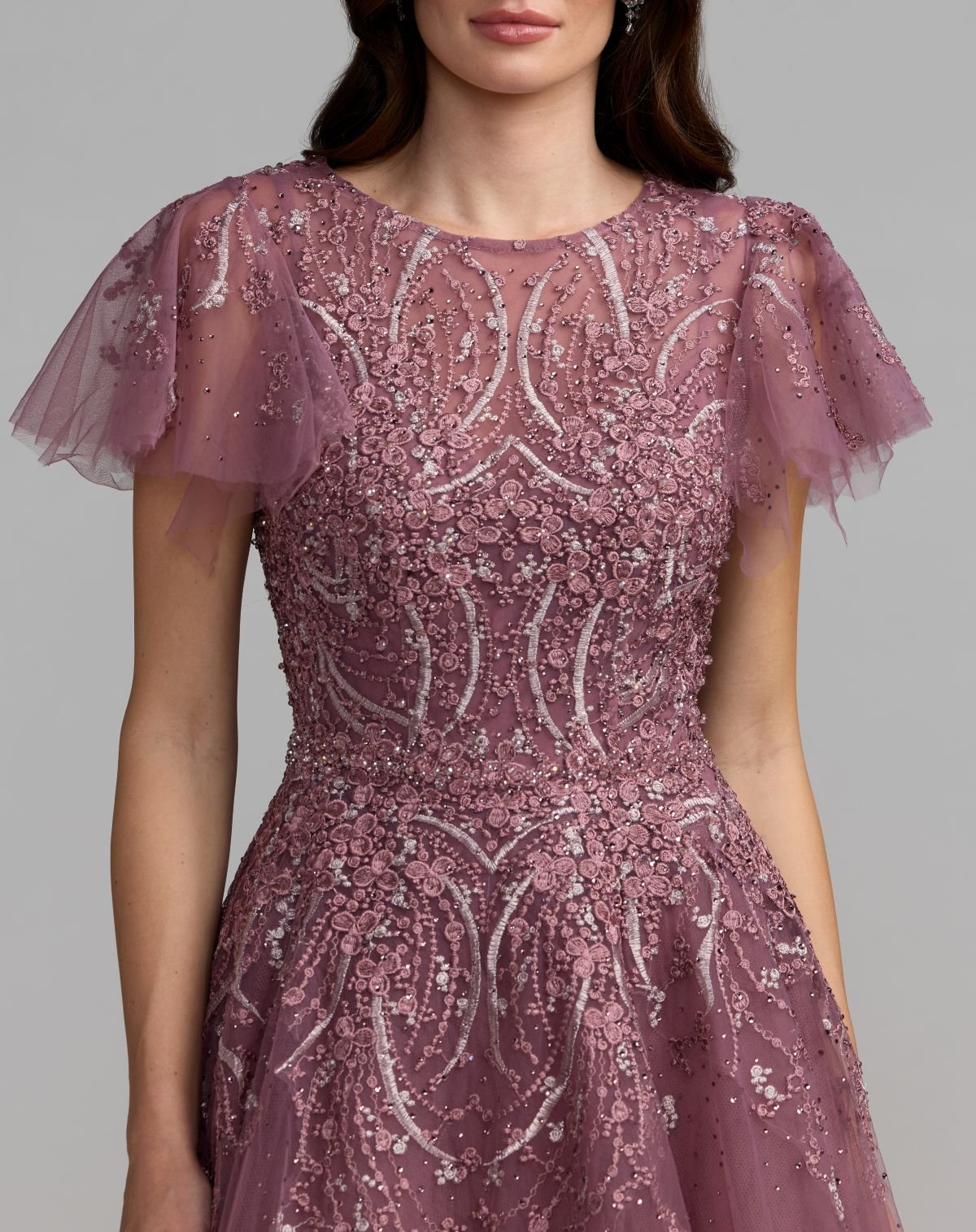 Embroidered Tulle Flutter Sleeve Formal Gown
