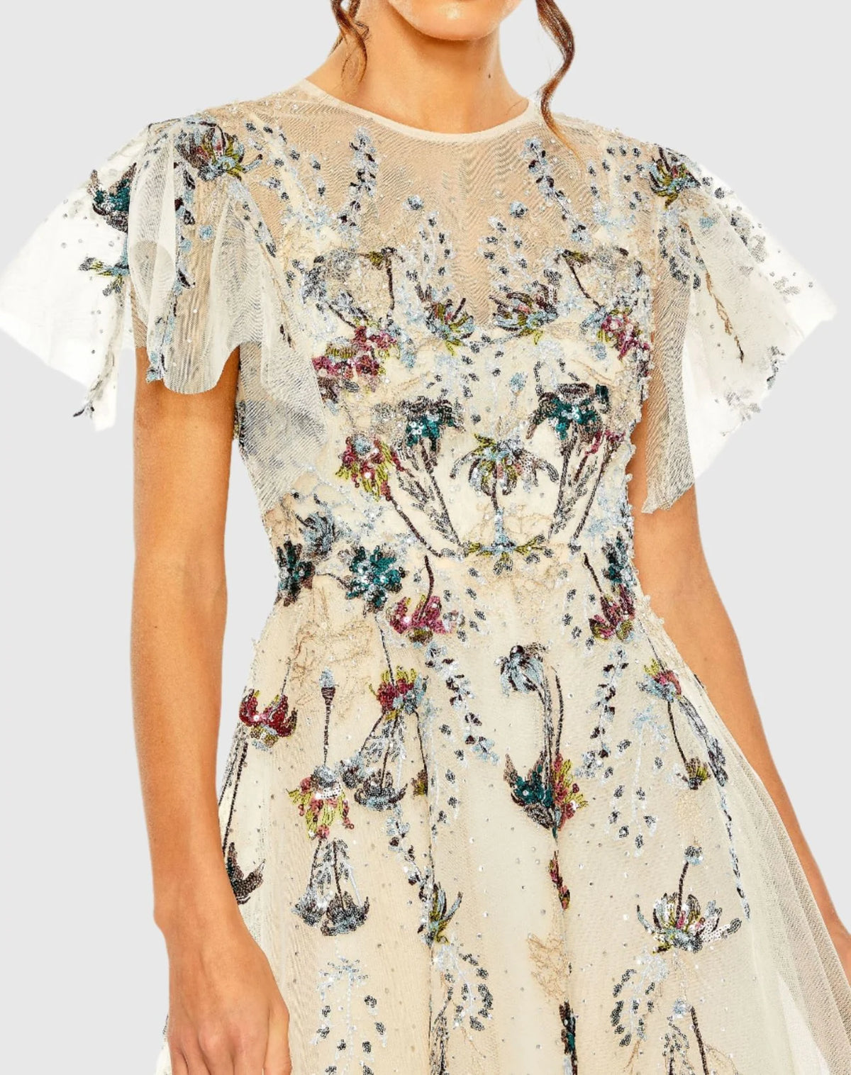 Embellished Floral Midi Dress - Nude